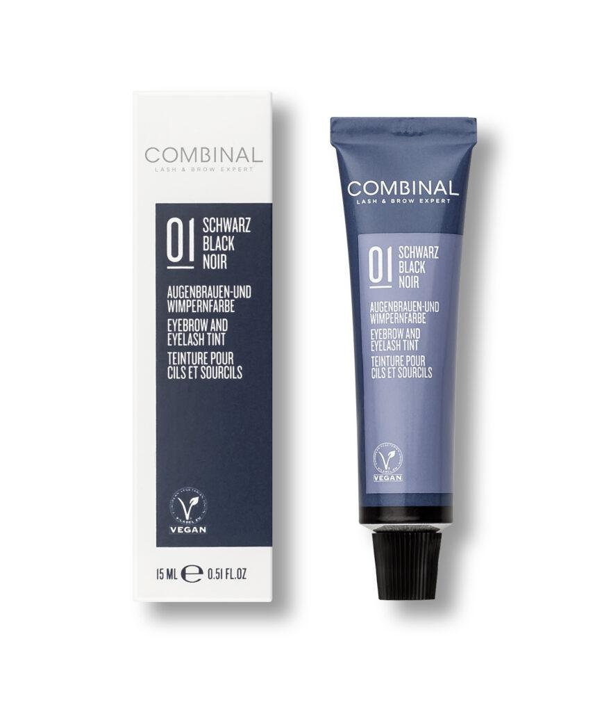 CombinAL lash and brow tint kit: white box and blue tube in shade 01 Schwarz Black Noir, vegan formula clearly labeled.