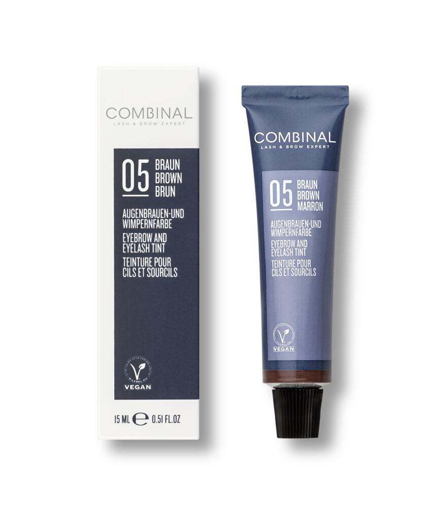 Combinal lash and brow tint tube with its white box, shade 05 Braun/Brown Marron, shows vegan label.
