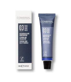COMBINAL eyelash tint in shade 03 Blau Blue Bleu, shown as box and tube with vegan symbol