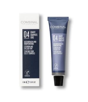 Tube of Combinal eyelash and eyebrow tint in shade 04 Graphit Graphite with matching white box, vegan formula displayed side by side
