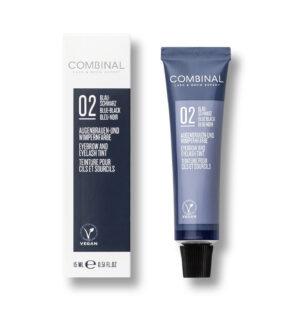 Blue-tube eyelash and eyebrow tint with matching box, labeled 'Combinal Lash & Brow Expert', vegan 02 shade (blue-black)