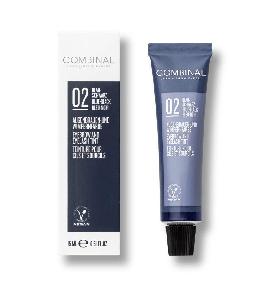 Blue-tube eyelash and eyebrow tint with matching box, labeled 'Combinal Lash & Brow Expert', vegan 02 shade (blue-black)