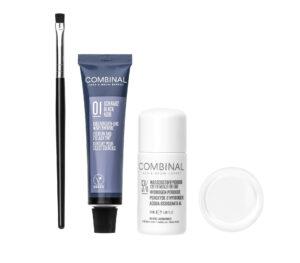 Cosmetics set featuring a black makeup brush, a blue Combinal eyelash tint tube, and two white bottles with caps on a white background.