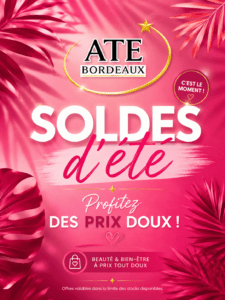 Bright pink sale poster advertising Summer Savings in Bordeaux with large 'SOLDES d'été' text and palm leaf graphics.