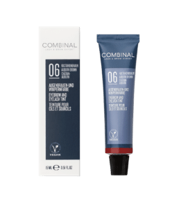 Combininal eyebrow and eyelash tint in shade 06 Auburn Brown with vegan certification (box and tube shown)