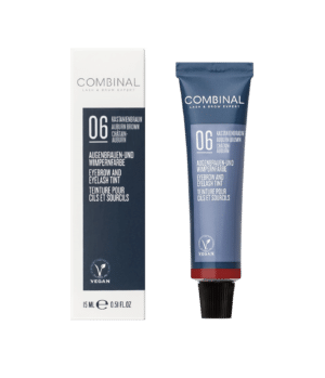 Combininal eyebrow and eyelash tint in shade 06 Auburn Brown with vegan certification (box and tube shown)