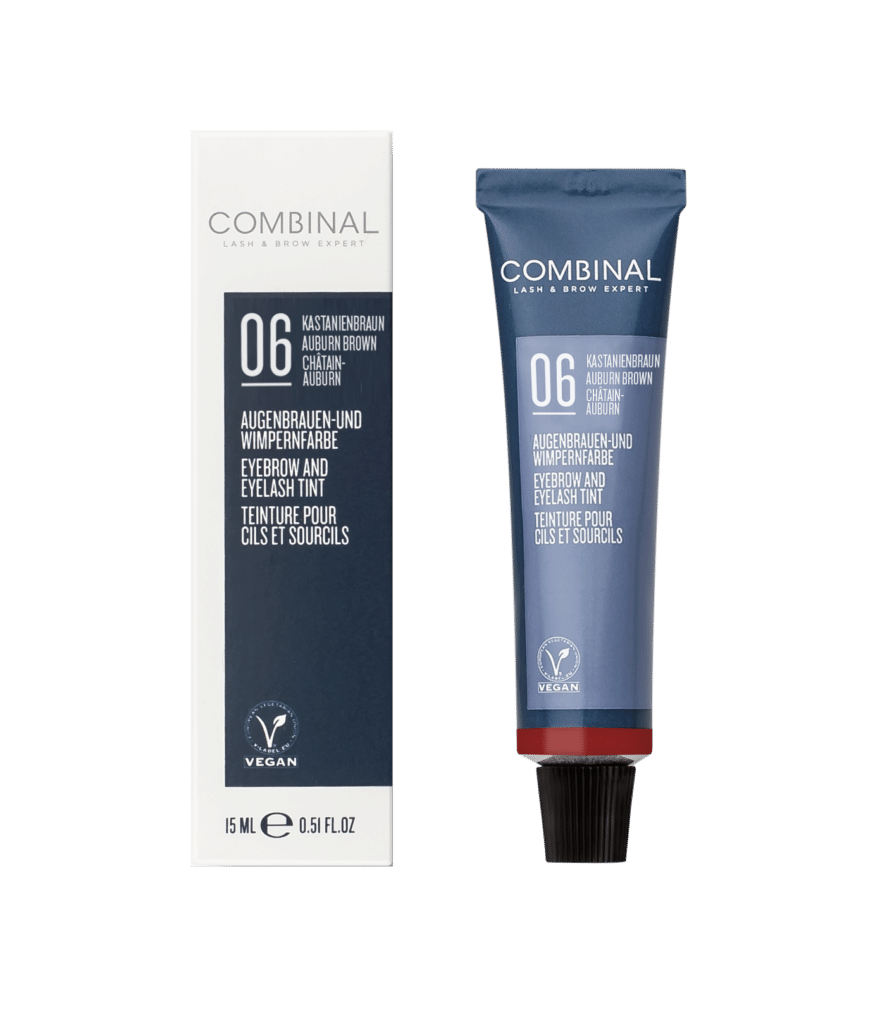 Combininal eyebrow and eyelash tint in shade 06 Auburn Brown with vegan certification (box and tube shown)