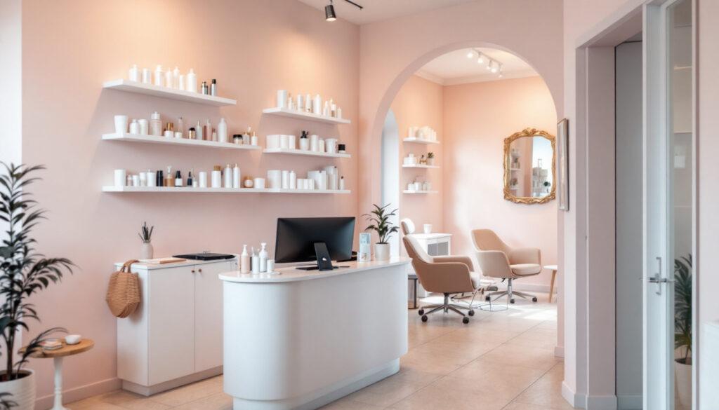Reception desk with computer in a peach-colored beauty salon, shelves of products on the wall and a seating area beyond an arched doorway.