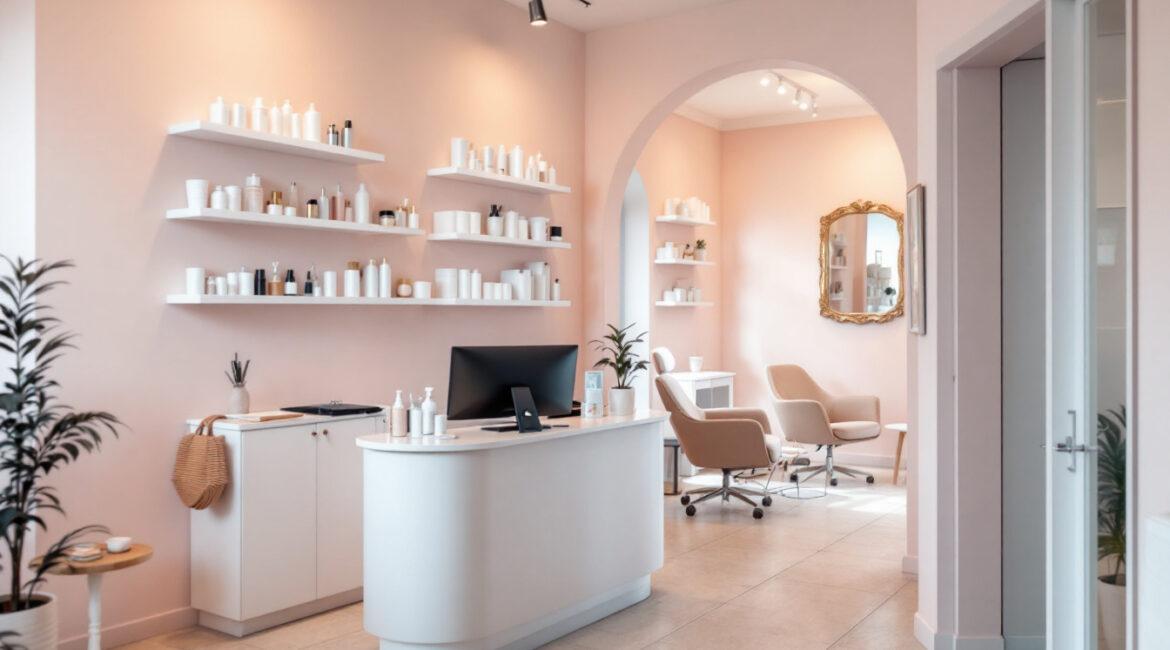 Reception desk with computer in a peach-colored beauty salon, shelves of products on the wall and a seating area beyond an arched doorway.