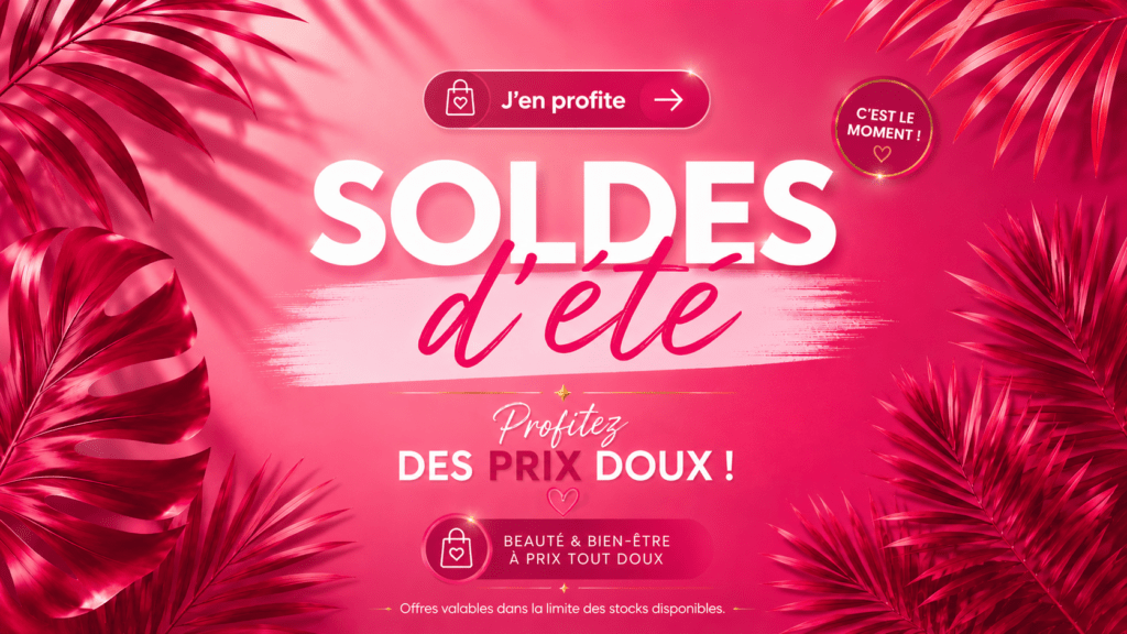Bannière estivale rose présentant 'SOLDES d'été' et 'Profitez des prix doux', bouton J'en profite.
