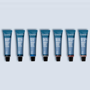 Seven blue squeeze tubes from the Combin... product line, labeled 01–07, lined up left to right against a light blue background.