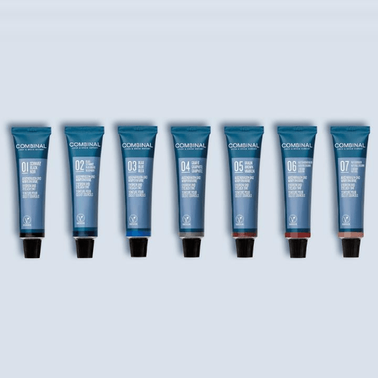 Seven blue squeeze tubes from the Combin... product line, labeled 01–07, lined up left to right against a light blue background.
