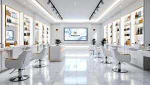 Luxurious white beauty salon interior with row of styling chairs, illuminated product shelves, and a reception desk at the back.