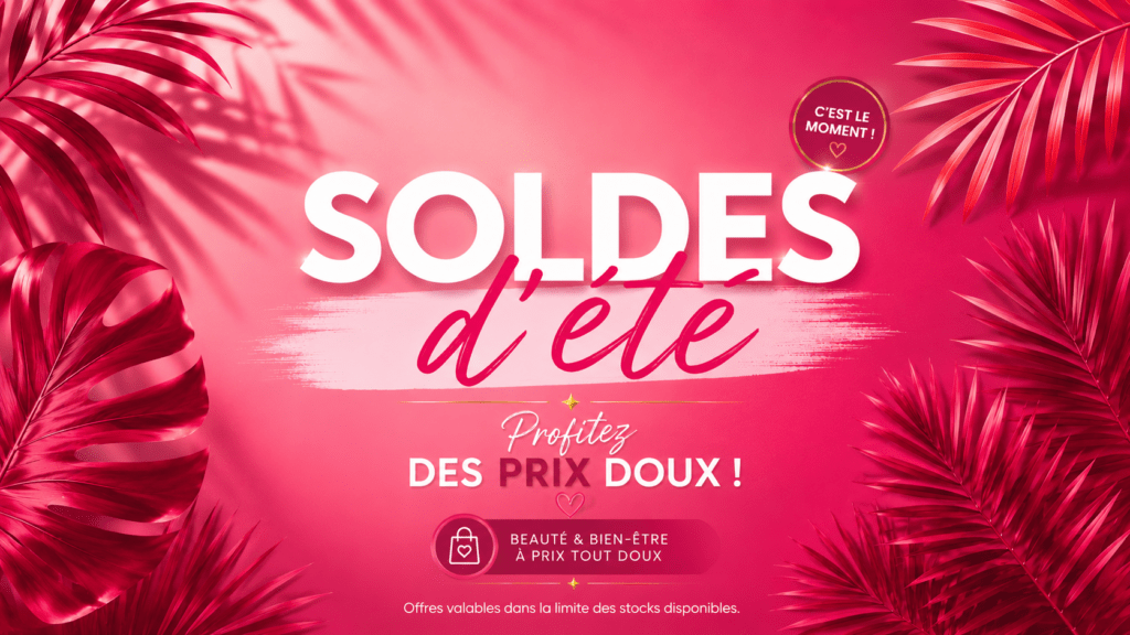 Banniere promotionnelle rose annonçant les soldes d'été avec texte “Profitez des prix doux” et des feuilles de palmier autour.
