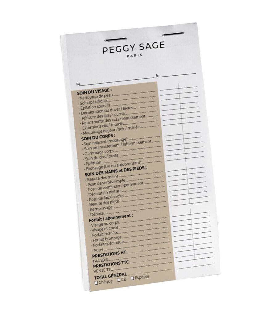 Peggy Sage Paris service form listing facial, body, hands/feet treatments on a beige column with checklists and price lines.