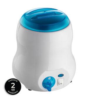 Compact white humidifier with a rounded body and blue translucent top, featuring a blue control dial and a power switch, plus a 2-year warranty badge.
