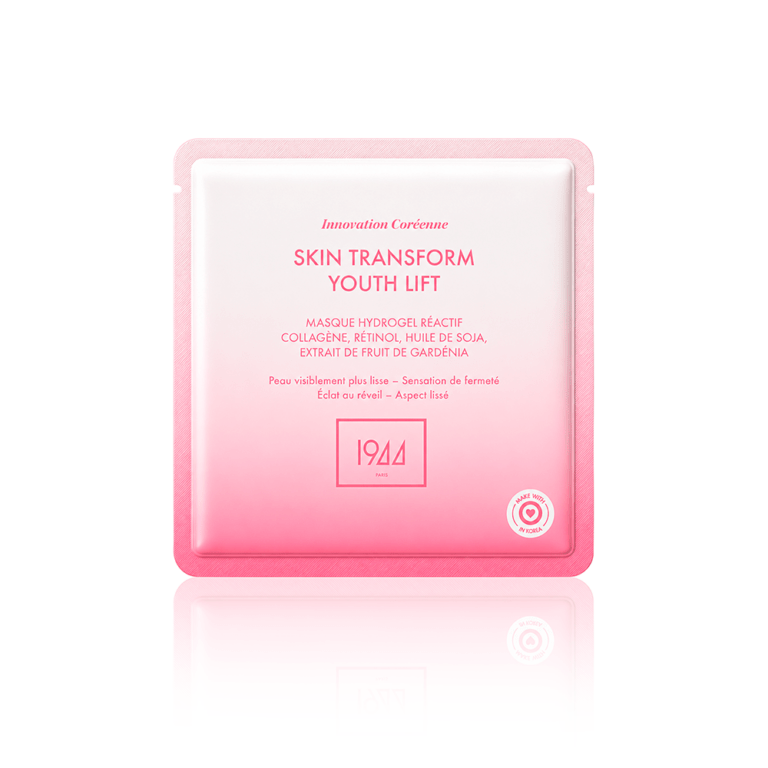 MH203_Masque-Youth-Lift | ATE Bordeaux Pink skincare sachet labeled Skin Transform Youth Lift with ingredient list and a reflection below