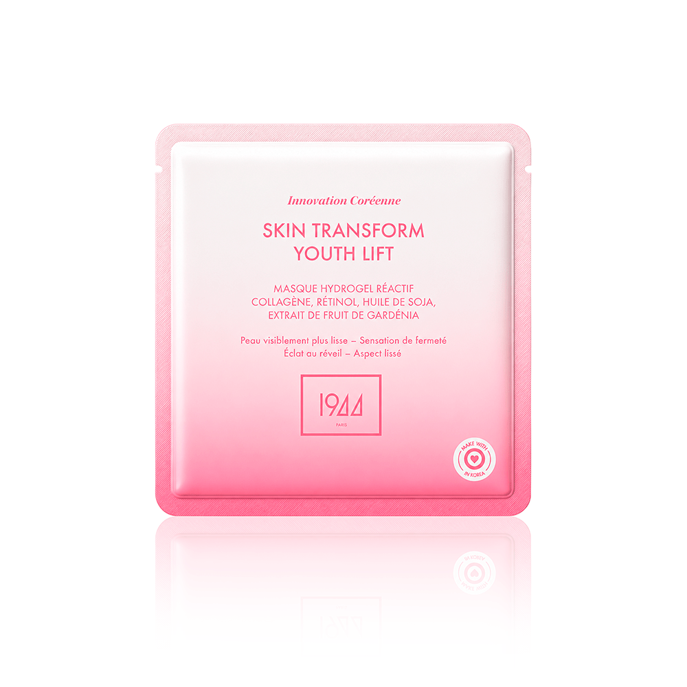 MH203_Masque-Youth-Lift | ATE Bordeaux Pink skincare sachet labeled Skin Transform Youth Lift with ingredient list and a reflection below