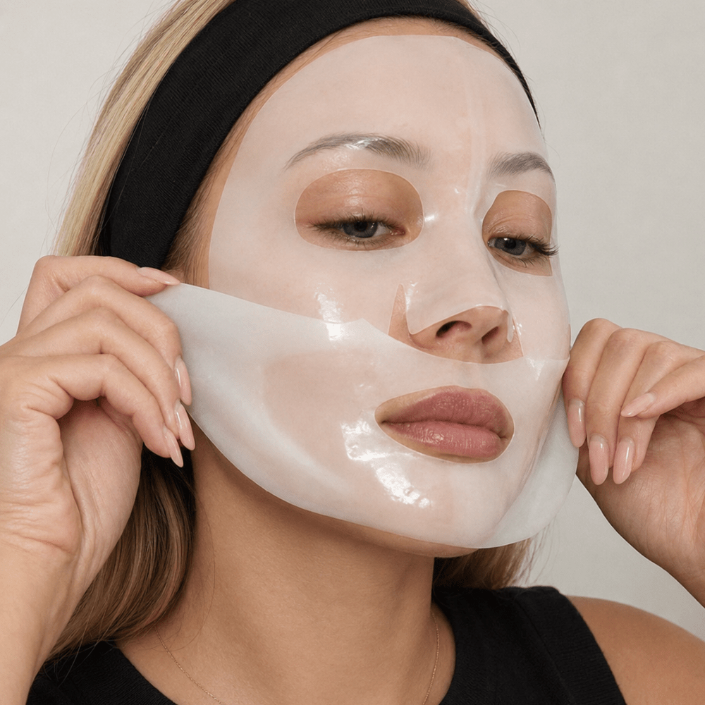Masque-seconde-peau | ATE Bordeaux Woman applying a translucent sheet mask to her face in a skincare treatment, with eye and mouth cutouts visible and a black headband.