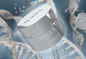 Jar of MAVEX Switzerland Longevity Supreme cream floating in a futuristic, blurred background