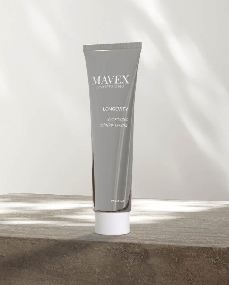 Mavex-crema-cabina-longevity | ATE Bordeaux Gray tube labeled MAVEX Longevity Exosomes cellular cream standing on a wooden surface.