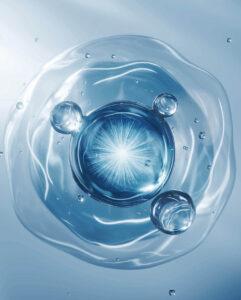 Close-up of a glowing blue cell or embryo in a transparent, bubble-filled liquid.