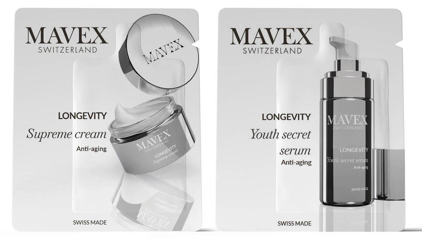 Mavex-longevity-face-samples | ATE Bordeaux Two MAVEX Longevity skincare products: Supreme cream and Youth secret serum on light packaging