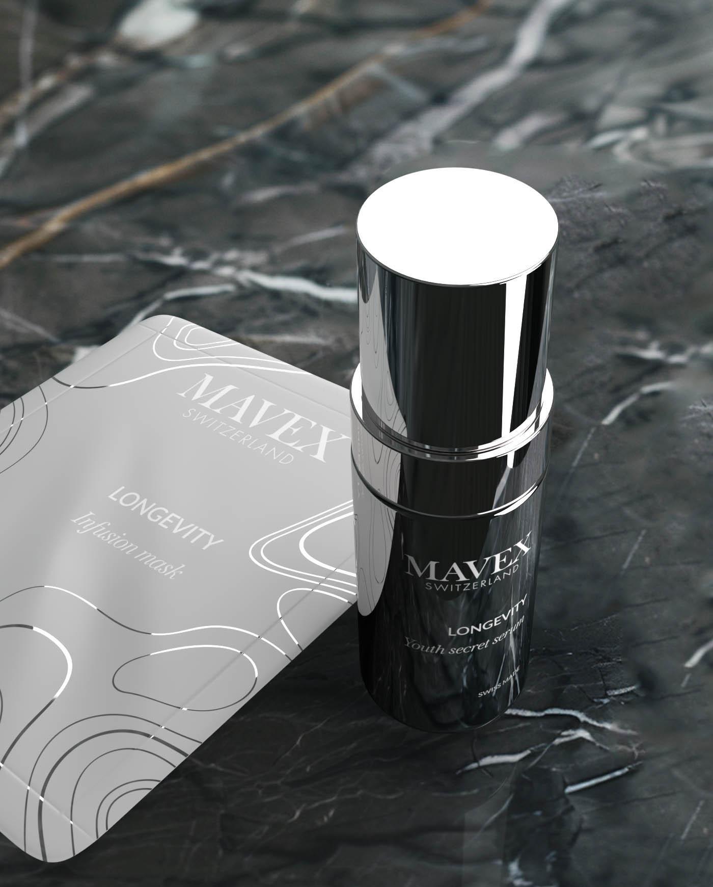 Mavex-longevity-promo-siero-viso-maschera | ATE Bordeaux Polished chrome bottle with white cap beside a matching silver patterned box on a dark marble surface (Maven Switzerland Longevity).