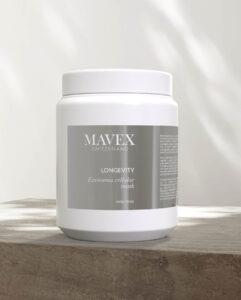 White cosmetic jar with MAVEX Switzerland label reading Longevity Exosomes cellular mask on a light surface.