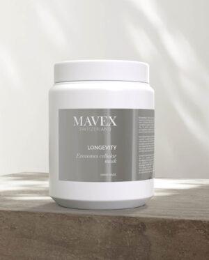 White cosmetic jar with MAVEX Switzerland label reading Longevity Exosomes cellular mask on a light surface.