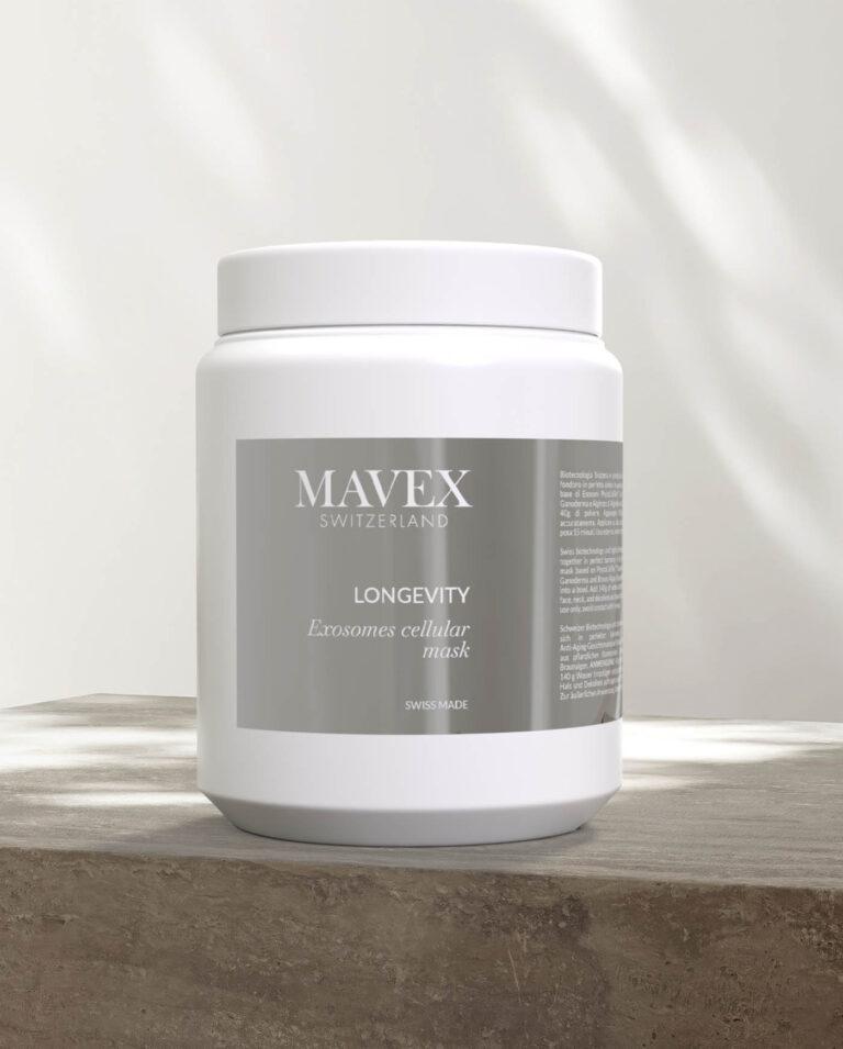Mavex-maschera-cabina-longevity | ATE Bordeaux White cosmetic jar with MAVEX Switzerland label reading Longevity Exosomes cellular mask on a light surface.