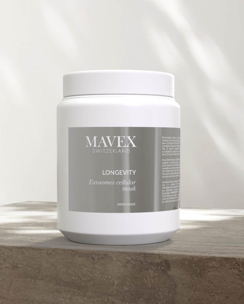 White cosmetic jar with MAVEX Switzerland label reading Longevity Exosomes cellular mask on a light surface.