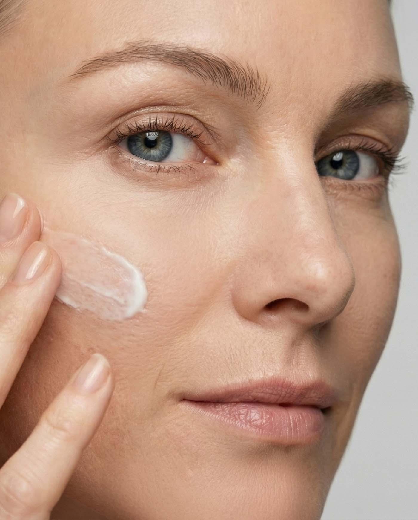 Mavex-serum-face-care-longevity | ATE Bordeaux Woman applying moisturizer to her cheek in a close-up portrait