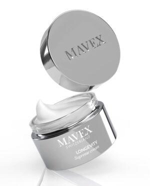 MAVEX Longevity Supreme cream jar open with white cream inside and a reflective silver lid, brand visible.