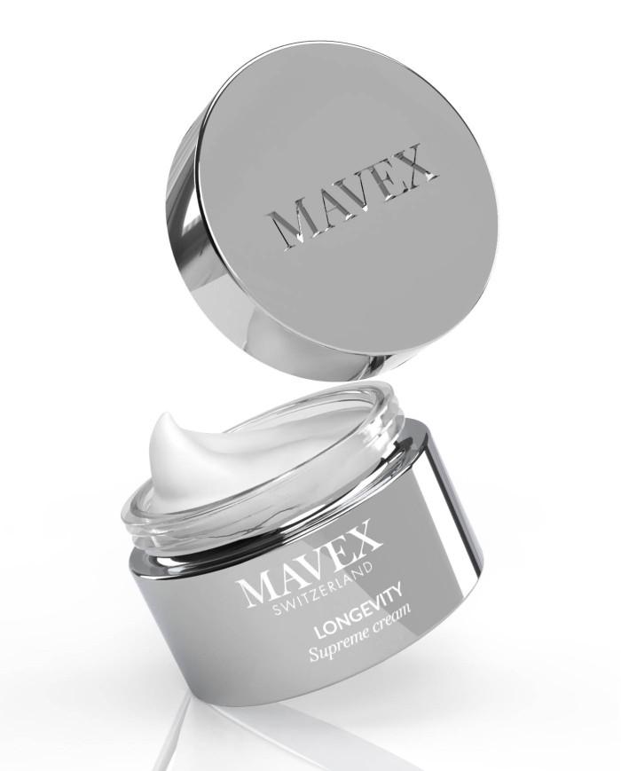 MAVEX Longevity Supreme cream jar open with white cream inside and a reflective silver lid, brand visible.