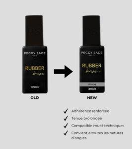 Left: old Peggy Sage Rubber Base bottle labeled 189100; Right: updated Rubber Base+ bottle with 'strong' band and code 189103, showing product upgrade visuals.
