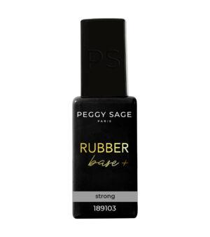 Peggy Sage Rubber Base+ strong nail base bottle with black label and gray 'strong' band, code 189103.