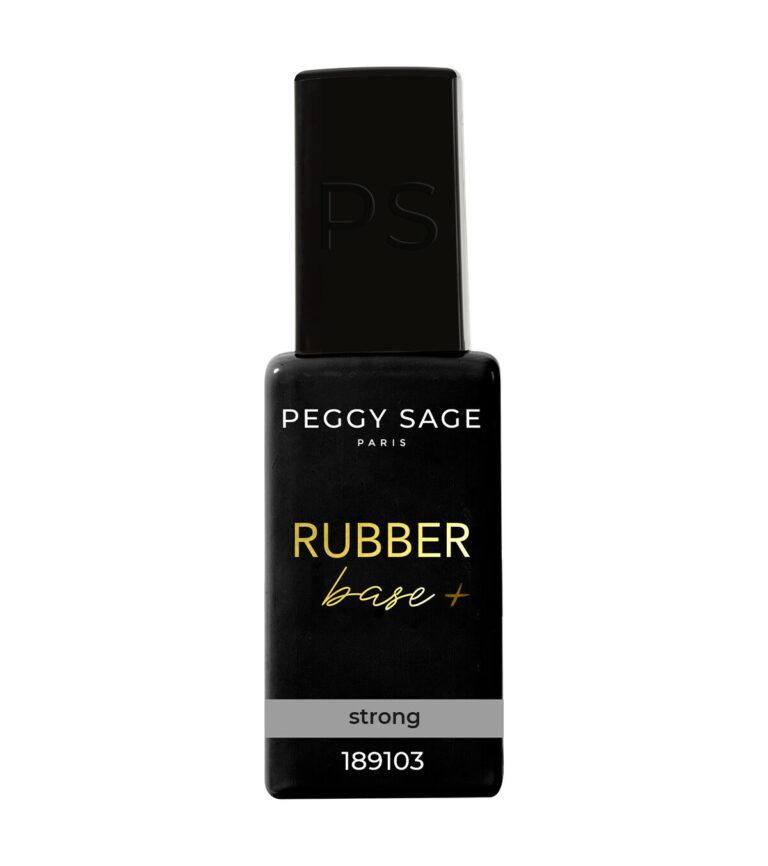 Peggy Sage Rubber Base+ strong nail base bottle with black label and gray 'strong' band, code 189103.