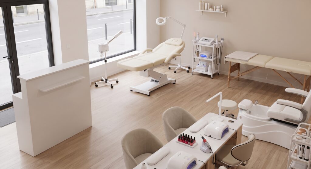 Bright nail salon treatment room with manicure stations, a pedicure chair, and a rolling cart of supplies by a large window.