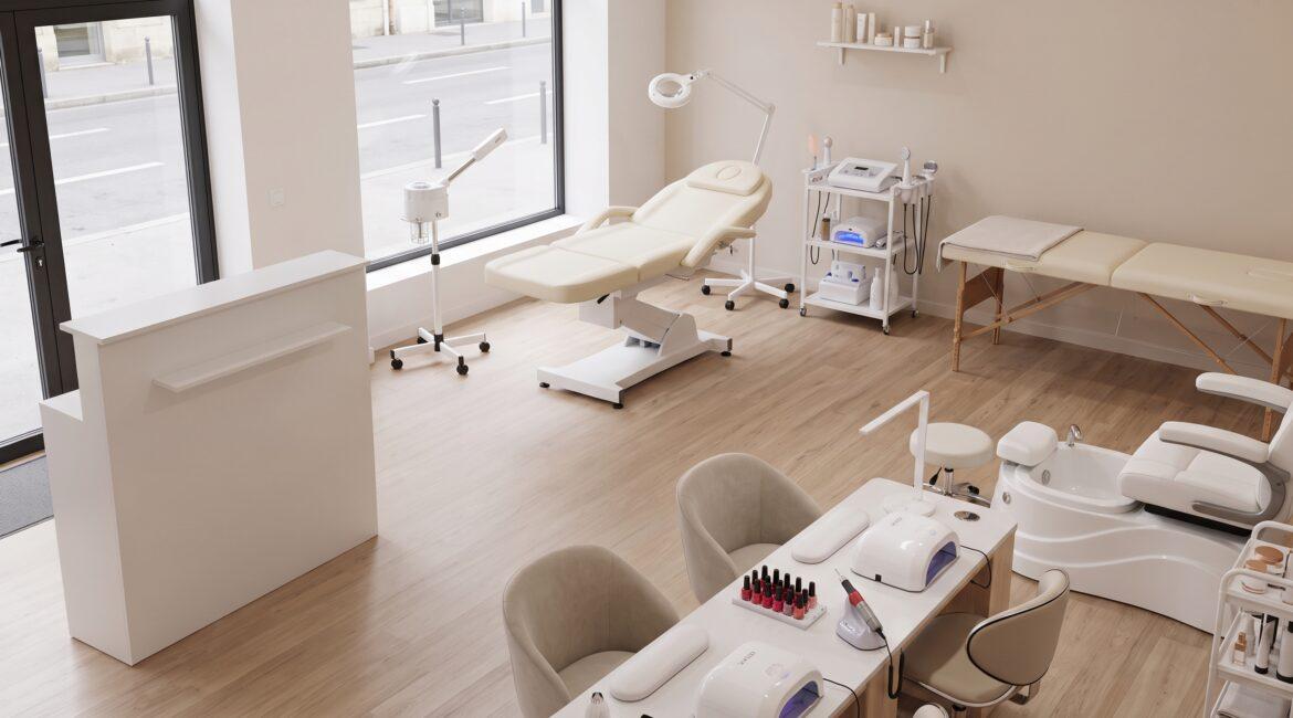 Bright nail salon treatment room with manicure stations, a pedicure chair, and a rolling cart of supplies by a large window.