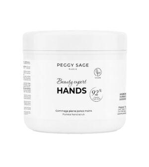 White cosmetic jar with label 'Peggy Sage Paris Beauty expert HANDS 92% … Pumice hand scrub' indicating a vegan hand scrub product