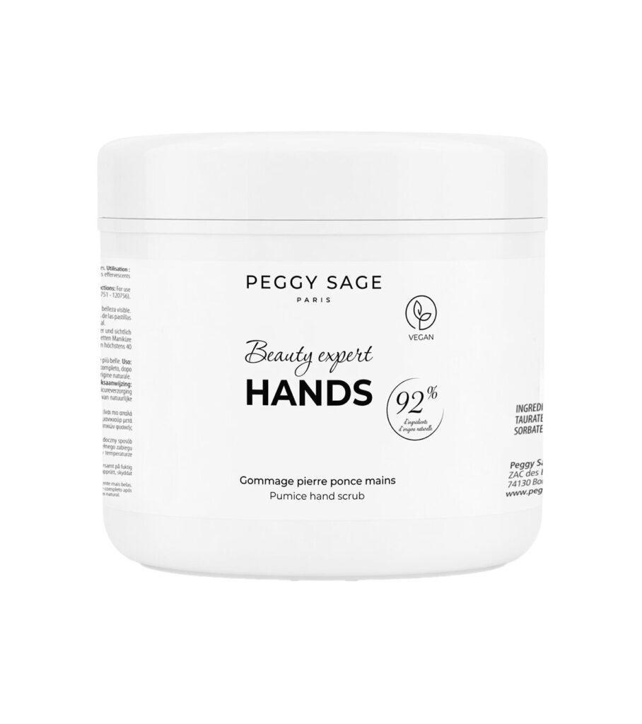White cosmetic jar with label 'Peggy Sage Paris Beauty expert HANDS 92% … Pumice hand scrub' indicating a vegan hand scrub product