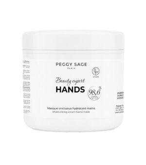 White jar labeled Peggy Sage Paris 'Beauty expert HANDS' moisturizing hand mask with vegan symbol on a white background.