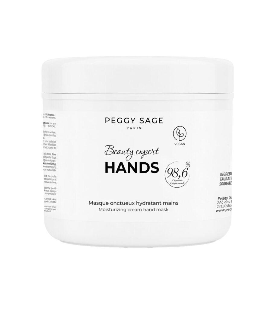 White jar labeled Peggy Sage Paris 'Beauty expert HANDS' moisturizing hand mask with vegan symbol on a white background.