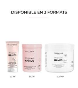 Three Peggy Sage Hands hand-care products (50 ml tube, 310 ml jar, 500 ml jar) on a white background; pink packaging with 'Beauty expert HANDS' labels. Available in 3 formats.