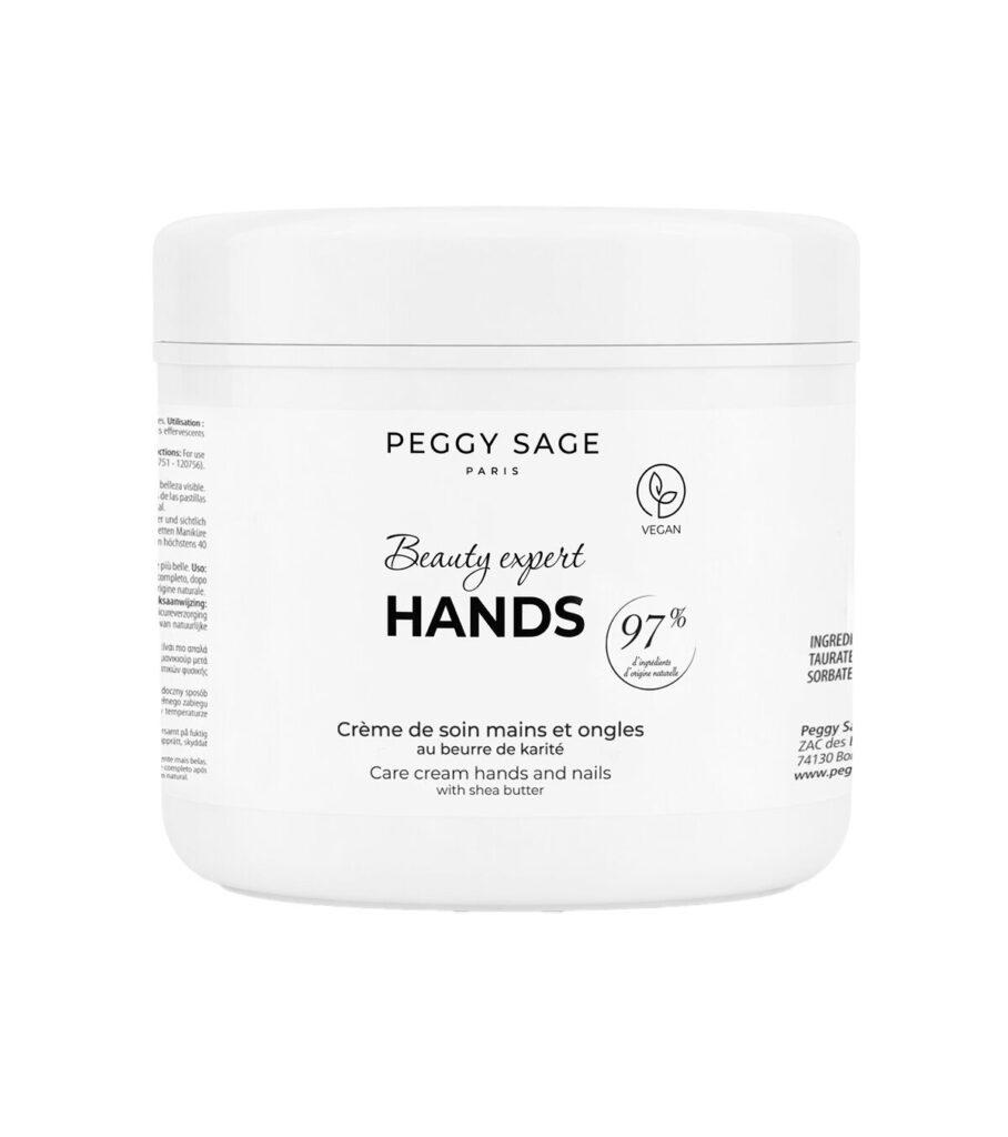 White jar labeled Peggy Sage Paris 'Beauty expert HANDS' hand and nails care cream, 97% ingredients, shea butter