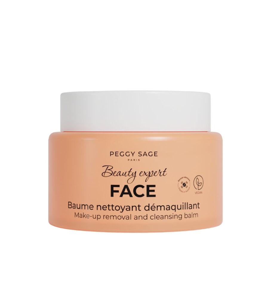 Peach-colored jar of Peggy Sage Beauty Expert Face cleansing balm with white lid, label reads 'Make-up removal and cleansing balm'