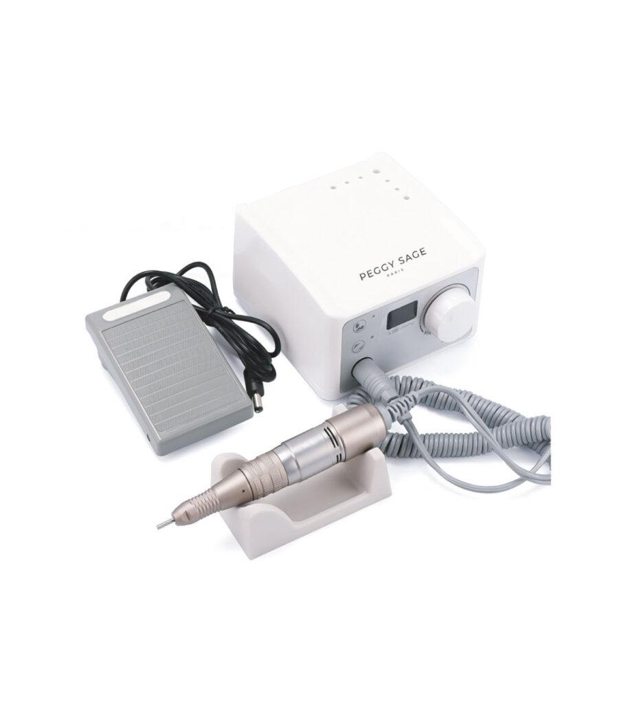 Peggy Sage professional manicure drill set with handpiece, power unit, and foot pedal on a white background.