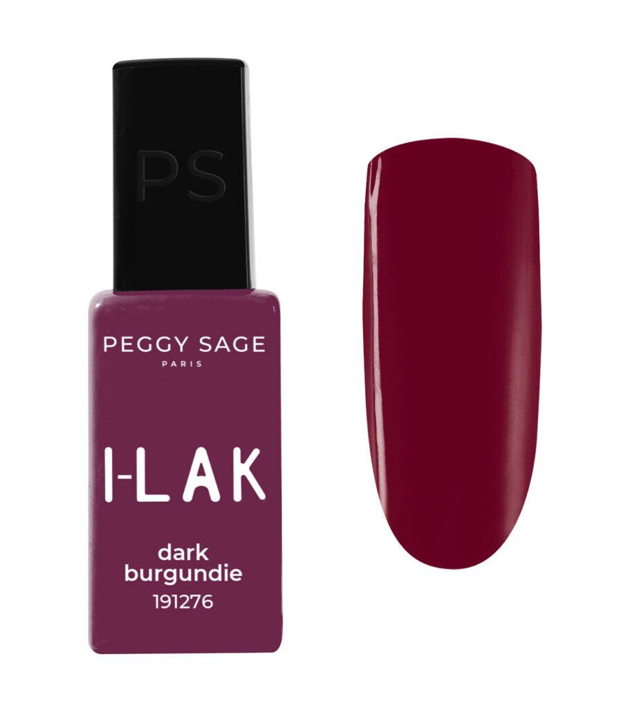 Peggy Sage I-LAK dark burgundie nail polish bottle with a burgundy swatch beside it. (shade 191276)