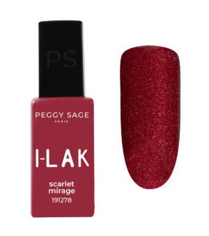 191278 | ATE Bordeaux Peggy Sage I-LAK scarlet mirage nail polish bottle with a glittery red swatch next to it.